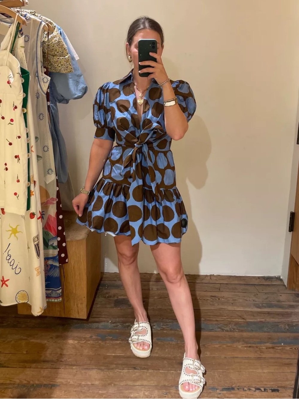 FARM Rio Blue and Brown Polka Dot Mini Dress